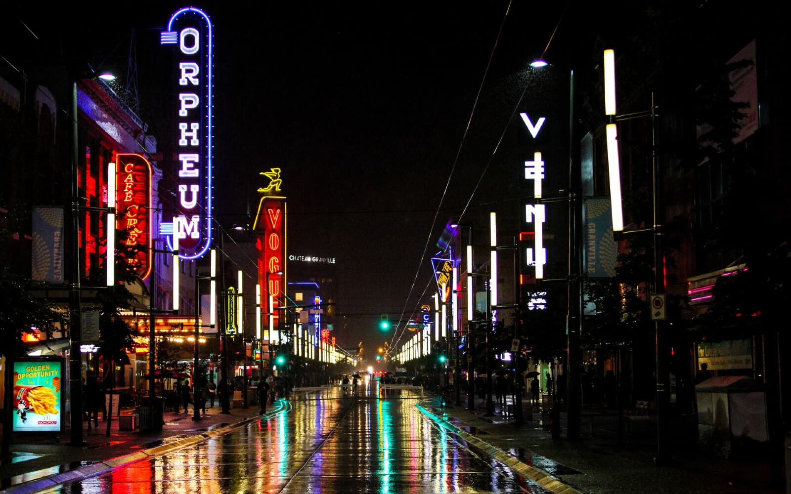 Rain-soaked Granville Street in Vancouver
